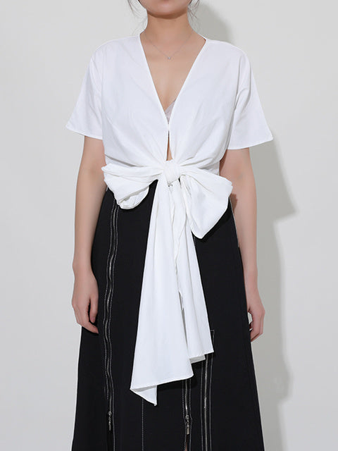 Bandage bow irregular big size blouse(G2115)