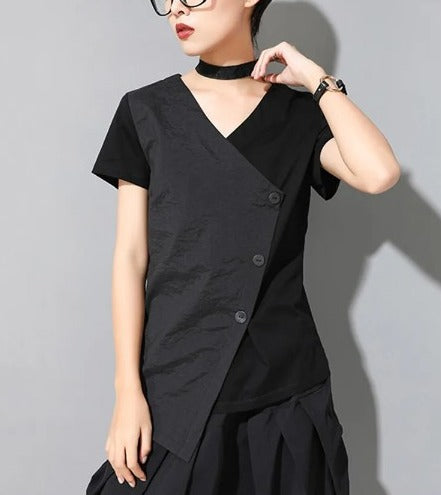 Slit color block V-neck T-shirt(G2292)