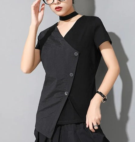 Slit color block V-neck T-shirt(G2292)