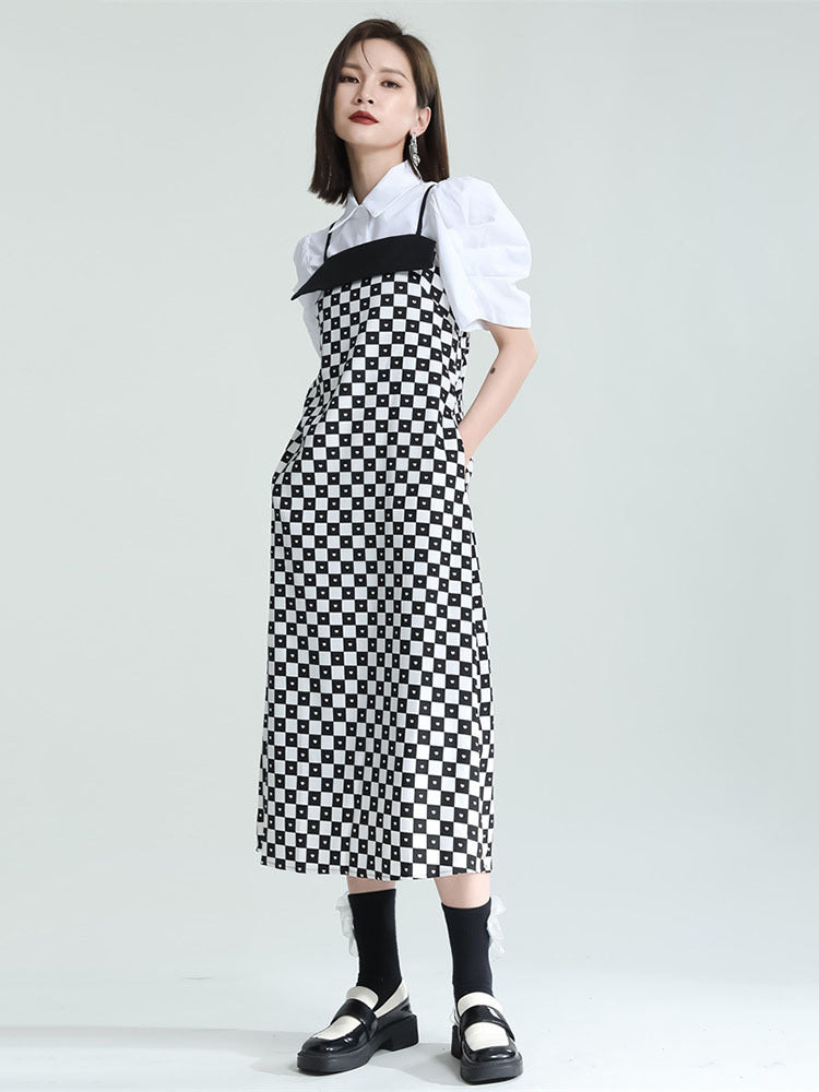 Plaid Long Elegant Spaghetti Strap Dress（G2127）