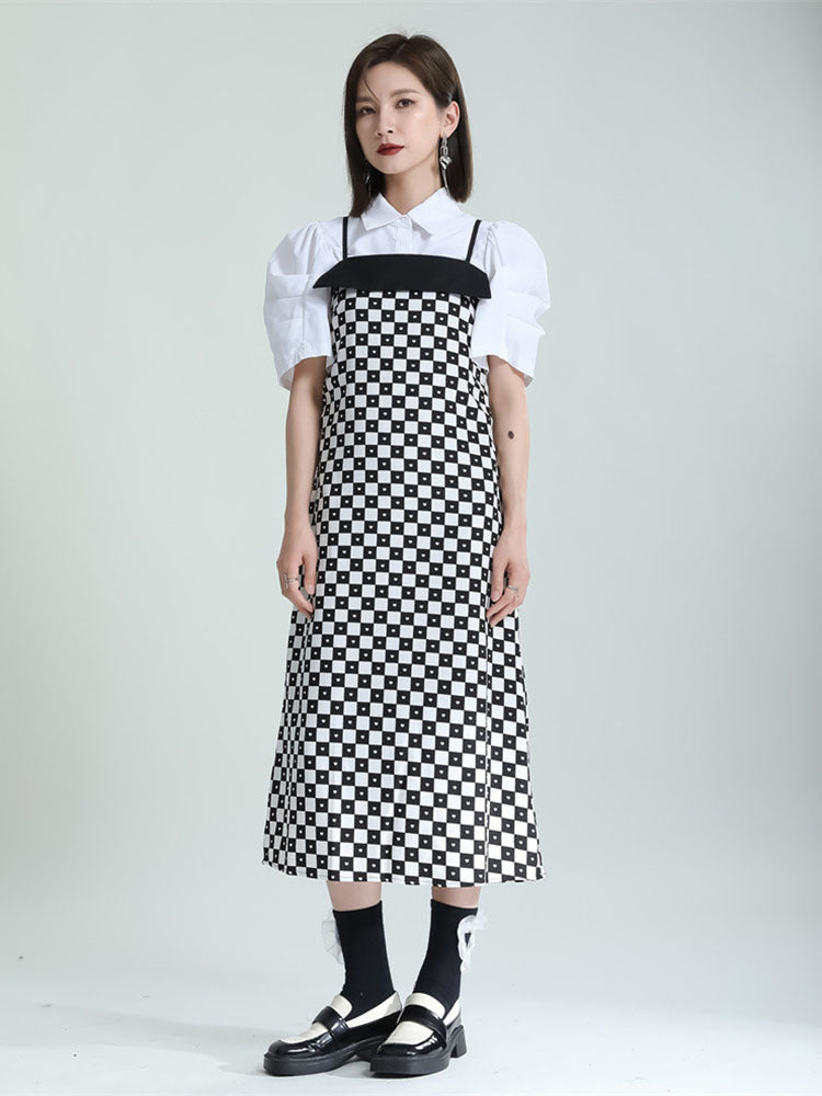 Plaid Long Elegant Spaghetti Strap Dress（G2127）