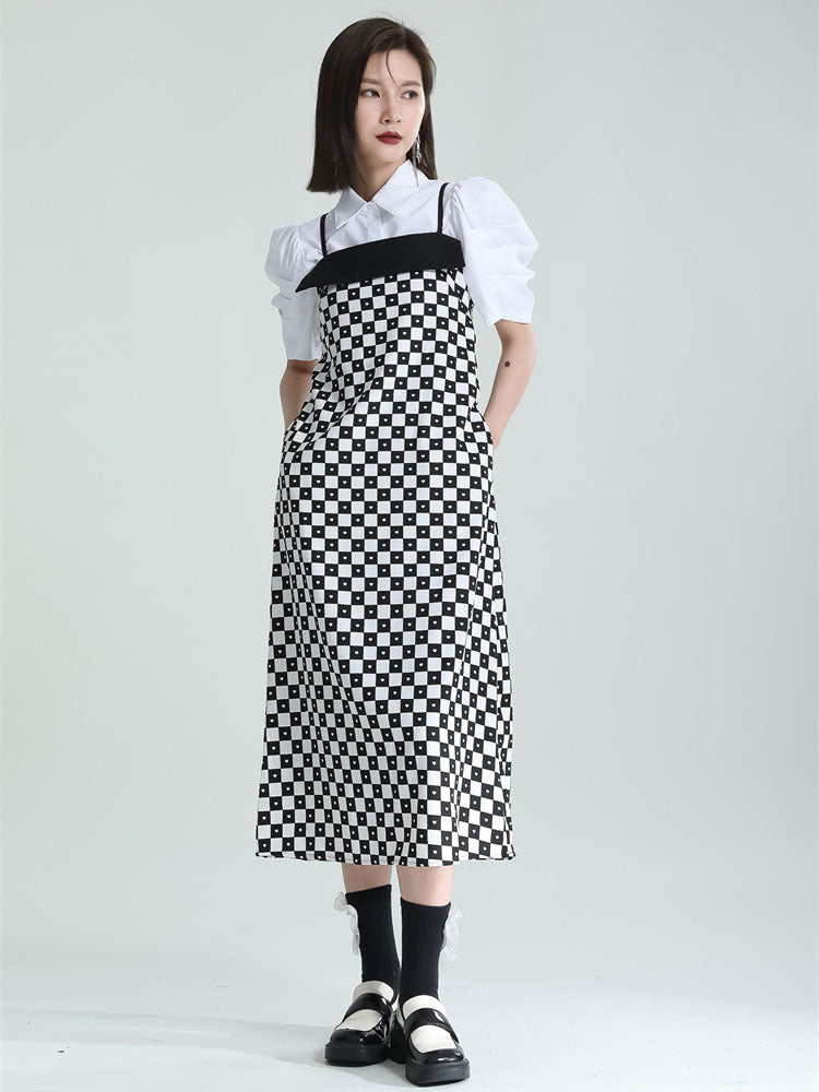 Plaid Long Elegant Spaghetti Strap Dress（G2127）