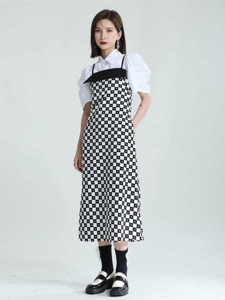 Plaid Long Elegant Spaghetti Strap Dress（G2127）