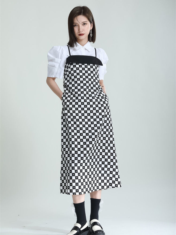 Plaid Long Elegant Spaghetti Strap Dress（G2127）