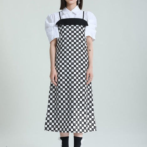 Plaid Long Elegant Spaghetti Strap Dress（G2127）